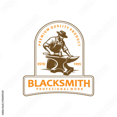 Black Smith Anvil Hand Drawn Style Logo Design, Vintage Badge Vector Illustration