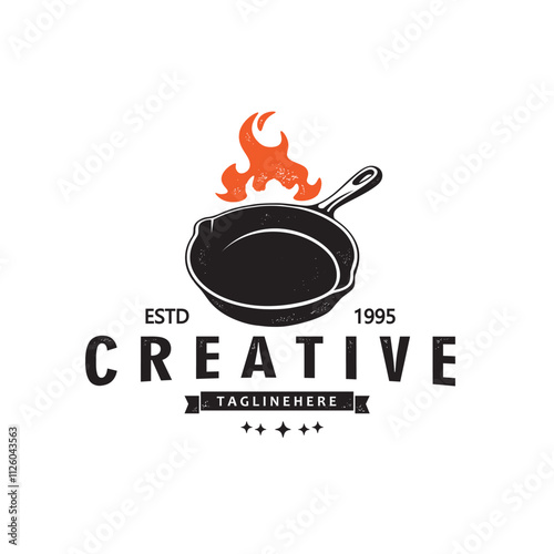 Vintage Retro Rustic Old Skillet Iron Pan With fire For Classic Restaurant Logo Vector Design