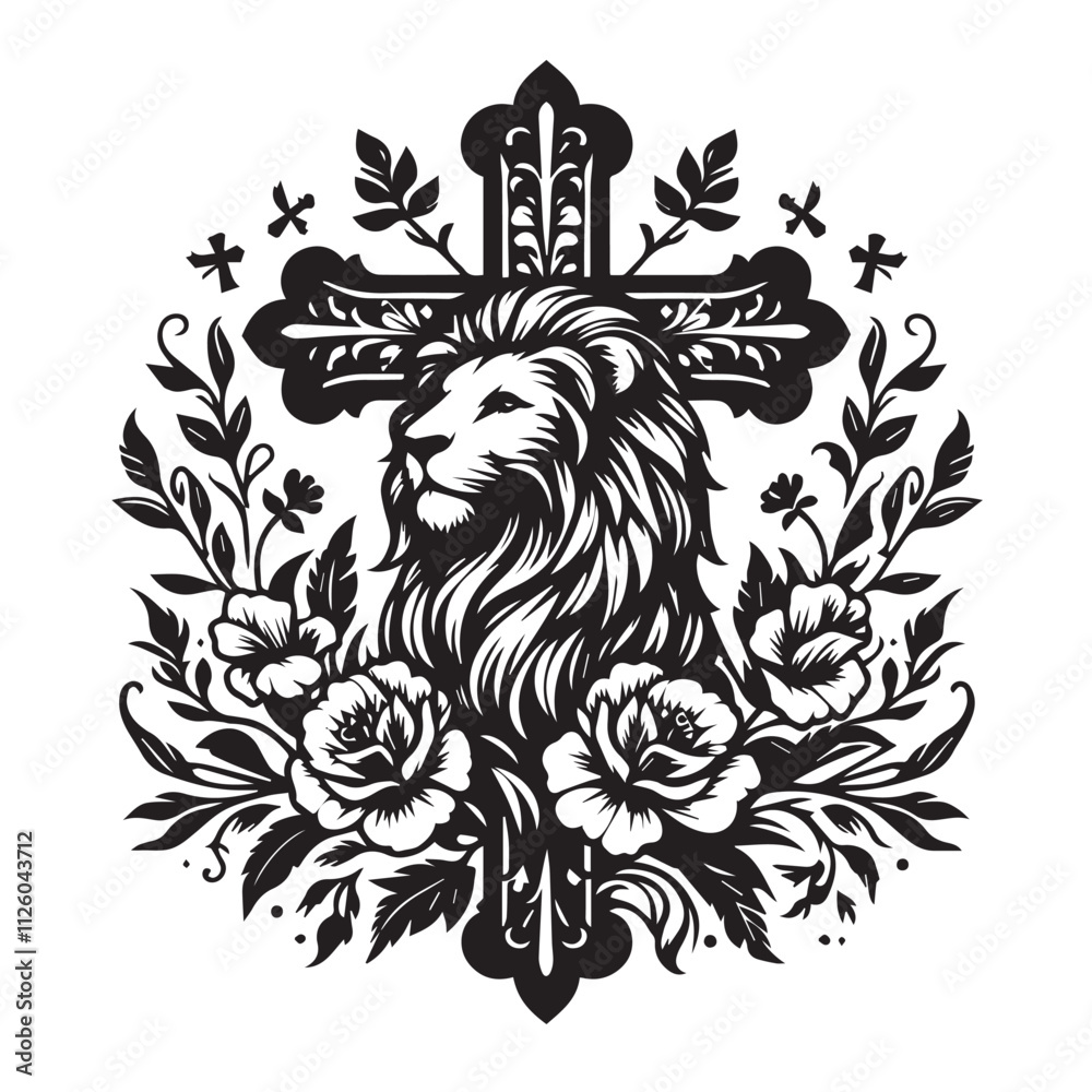 Fototapeta premium Floral Lion Cross Clipart vector design