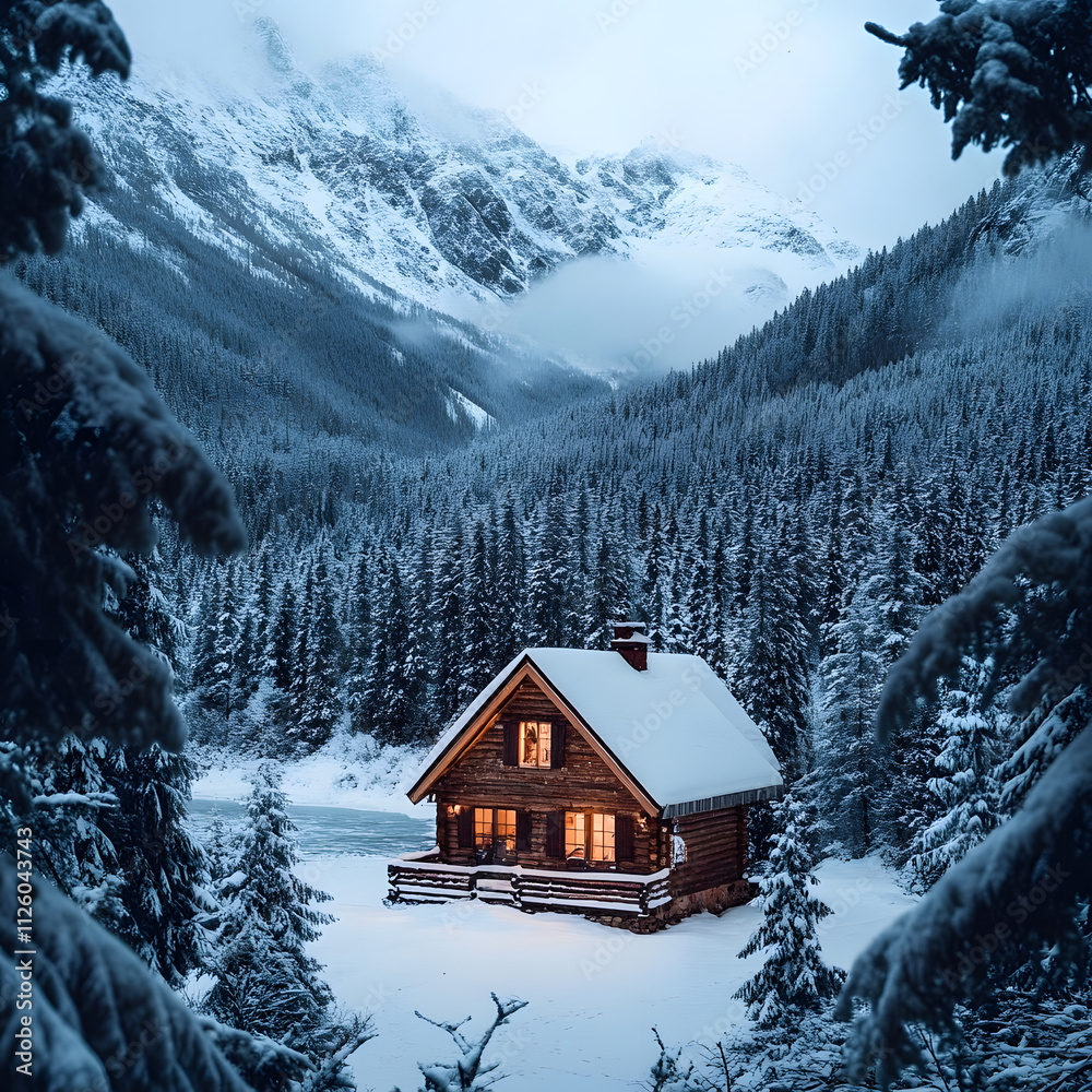 cozy cabin in a snowy landscape AI generative cozy cabin in a snowy landscape AI generative