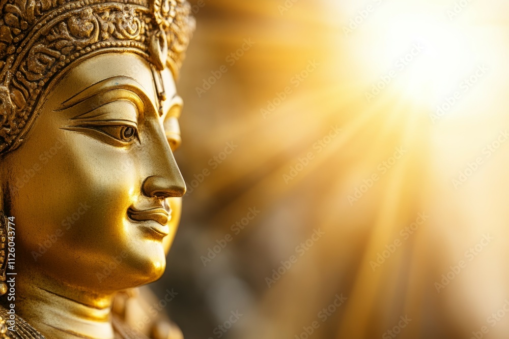 Golden statue of hindu deity with radiant light and sunburst Golden statue of hindu deity with radiant light and sunburst