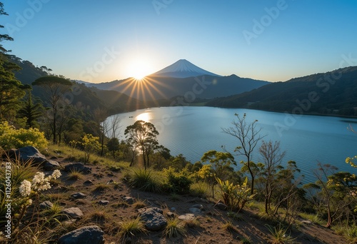 The enchanting view of Mount Seven Lake, a lake which is one of the highest lakes in Southeast Asia, located in Kerinci Regency, Jambi Province, Indonesia. photo