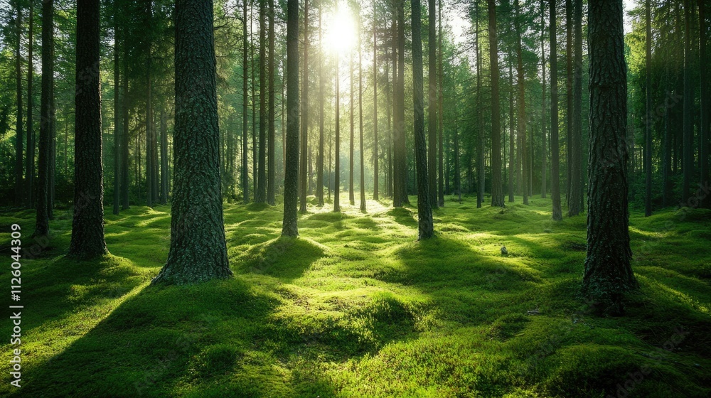 Fototapeta premium Sunlight Filtering Through a Lush Forest