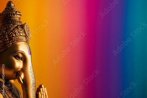 Golden ganesha statue on vibrant rainbow background with folded hands photo