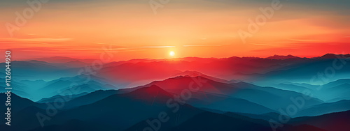 A breathtaking sunset over layered mountains, showcasing vibrant hues of orange and blue, creating a serene and tranquil atmosphere.