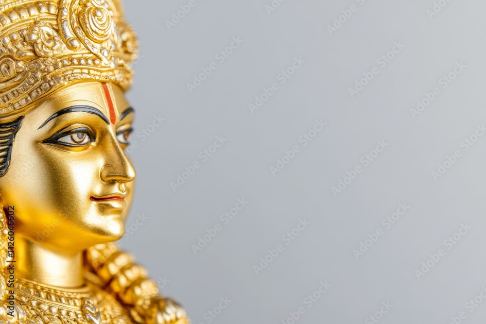 Side profile of a golden hindu deity statue with intricate details