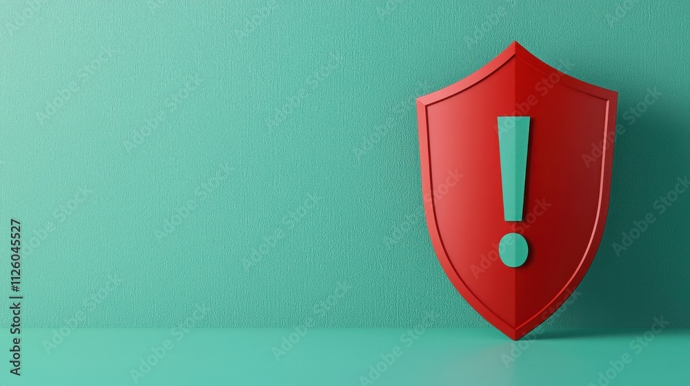 Spam call phone and protection concept. Red shield with exclamation mark on a textured teal background. Spam call phone and protection concept. Red shield with exclamation mark on a textured teal background.