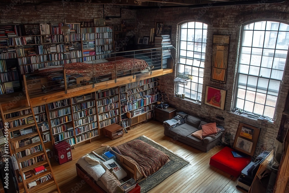 Cozy Loft Library with Rustic Wooden Bookshelves and Sunlit Windows Cozy Loft Library with Rustic Wooden Bookshelves and Sunlit Windows