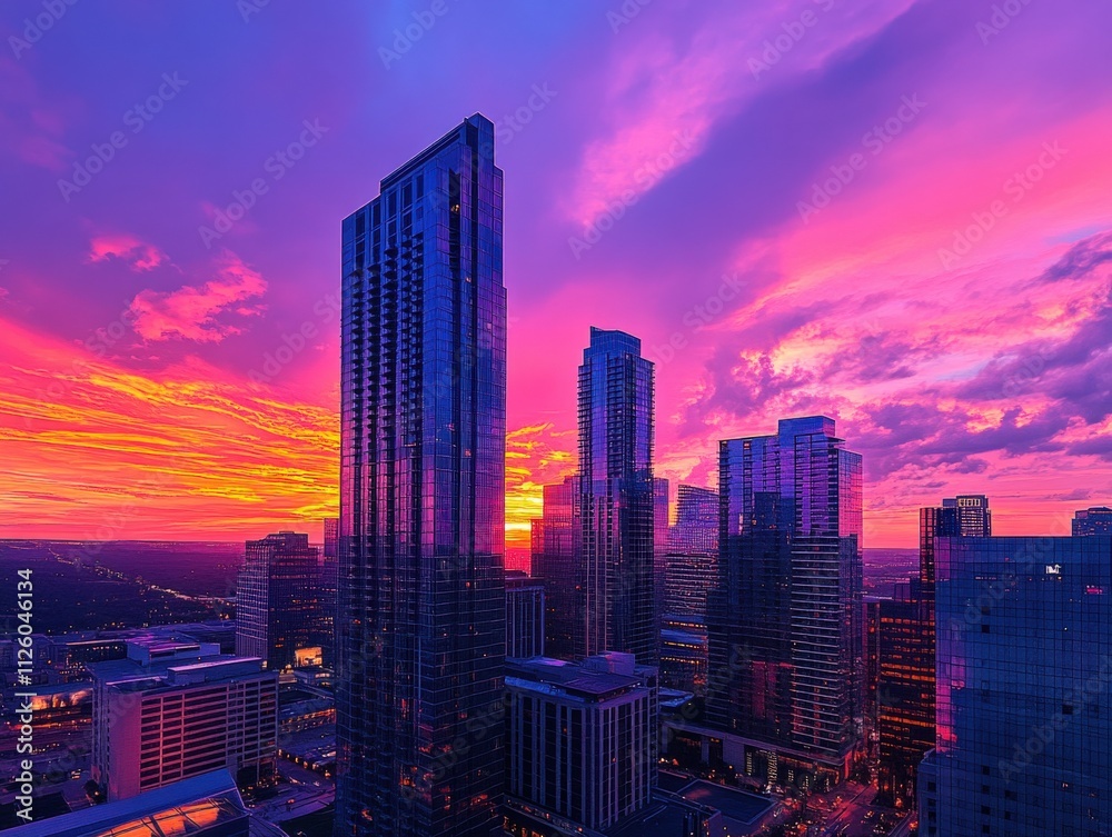 Obraz premium stunning sunset over modern city skyline