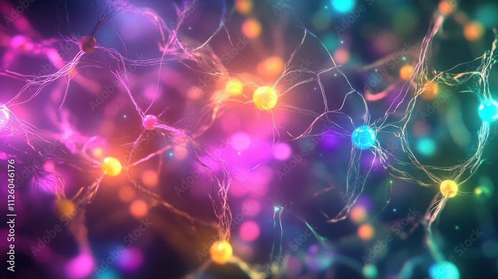 Digital mesh representation of a neural network with vibrant glowing nodes spreading across a dark gradient background Digital mesh representation of a neural network with vibrant glowing nodes spreading across a dark gradient background