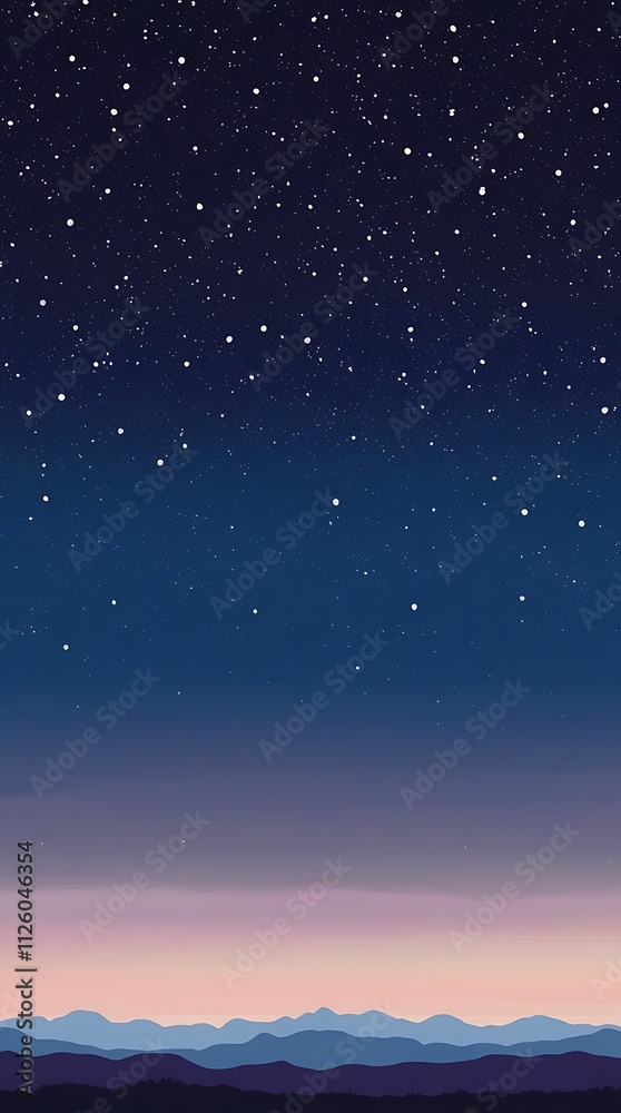 Starry vintage sky illustration landscape with mountains below, phone wallpaper combination of purple, blue and violet in a beautiful night