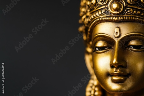 Golden hindu statue of a deity with ornate headdress and calm expression