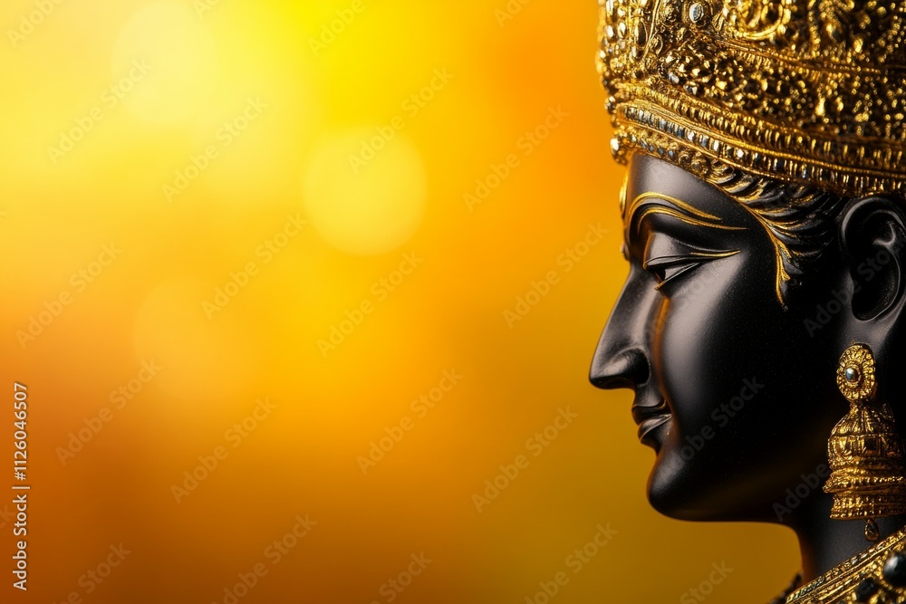 Golden elegance: side profile of black statue on vibrant yellow background Golden elegance: side profile of black statue on vibrant yellow background