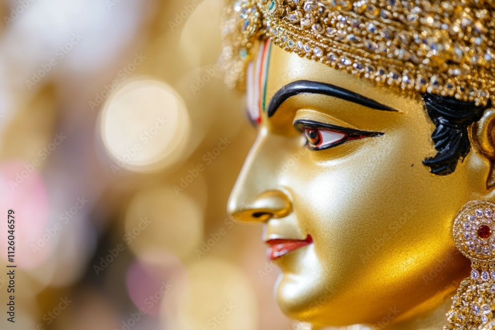 Golden hindu deity statue close-up with intricate details and gem-studded crown Golden hindu deity statue close-up with intricate details and gem-studded crown