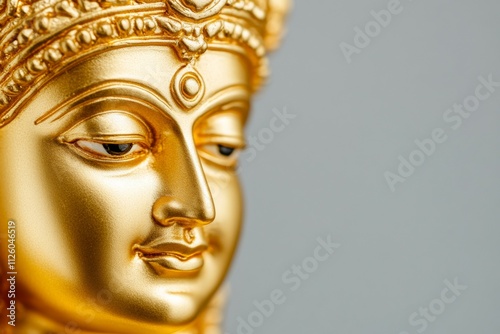 Close-up of intricate gold hindu goddess statue against gray background