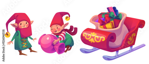 Cute elves in festive outfits carrying large candy next to decorated sleigh filled with colorful gifts in big sack. Playful Christmas atmosphere with Santa Claus helpers for Xmas holiday cards.