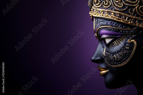 Intricate black and gold deity mask against purple background photo