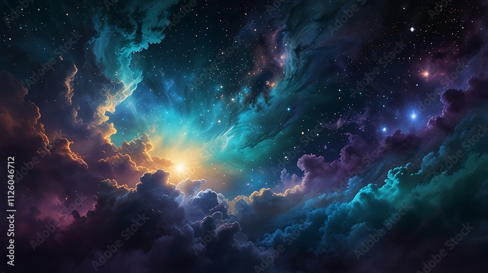 Celestial energy-themed backdrop with radiant streaks of cobalt blue and amber light, softly merging into a gradient of white and aquamarine for a balanced composition