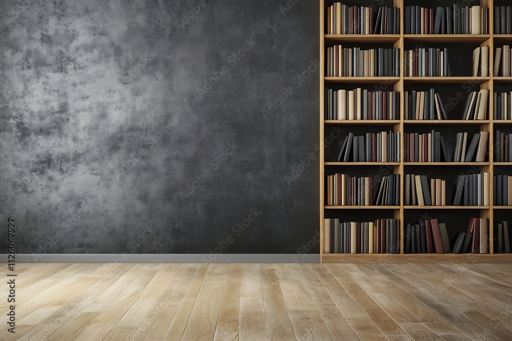 Empty Wooden Bookshelf with Books in Minimalist Room Interior