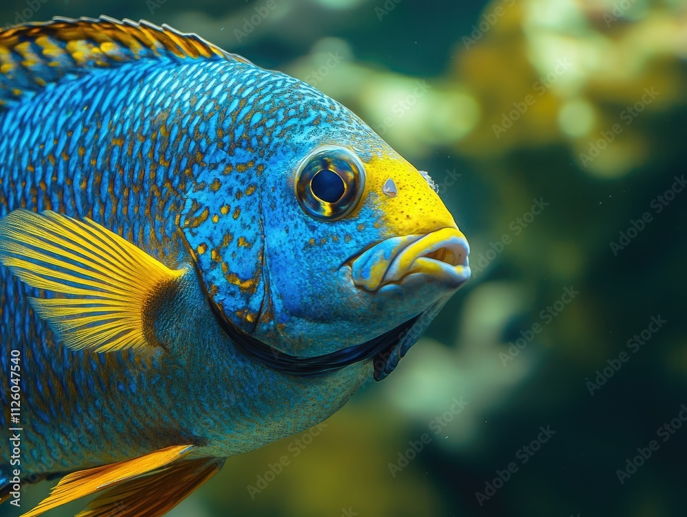 Closeup of blue and yellow tropical fish.