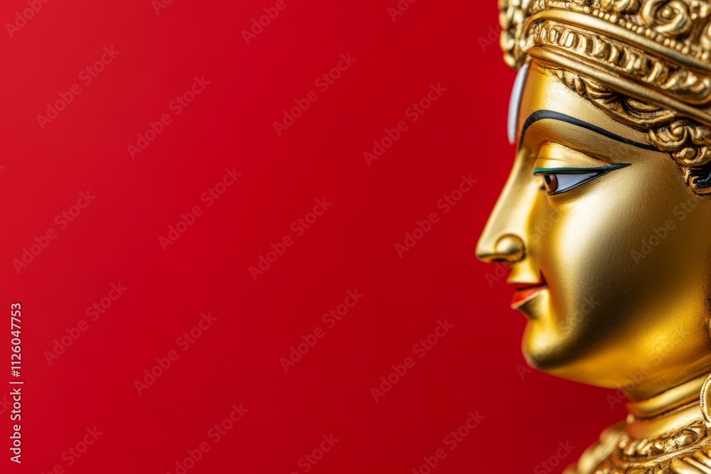 Golden hindu deity statue against vibrant red background Golden hindu deity statue against vibrant red background