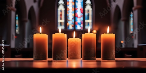 Turned on candles inside a church or chapel, row of tall and short candles inside a monastery, religion and god concept