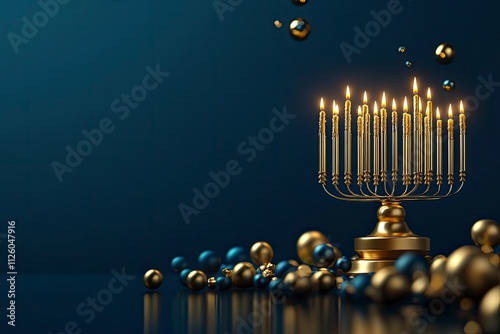 Happy Hanukkah greeting card template. Gold Menorah with candles on dark blue background. Hanukkah Jewish holiday celebration concept. 3D rendering 