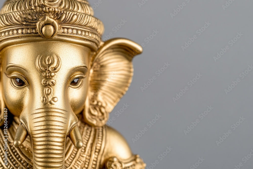 Golden ganesha idol with intricate details on gray background Golden ganesha idol with intricate details on gray background