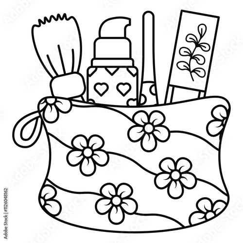 Hand Drawn Cute Cosmetics Bag Coloring Book Vector Illustration. Bold and Easy Coloring Page for Adults and Kids. Coloring Sheet for Stress Relief and Relaxation