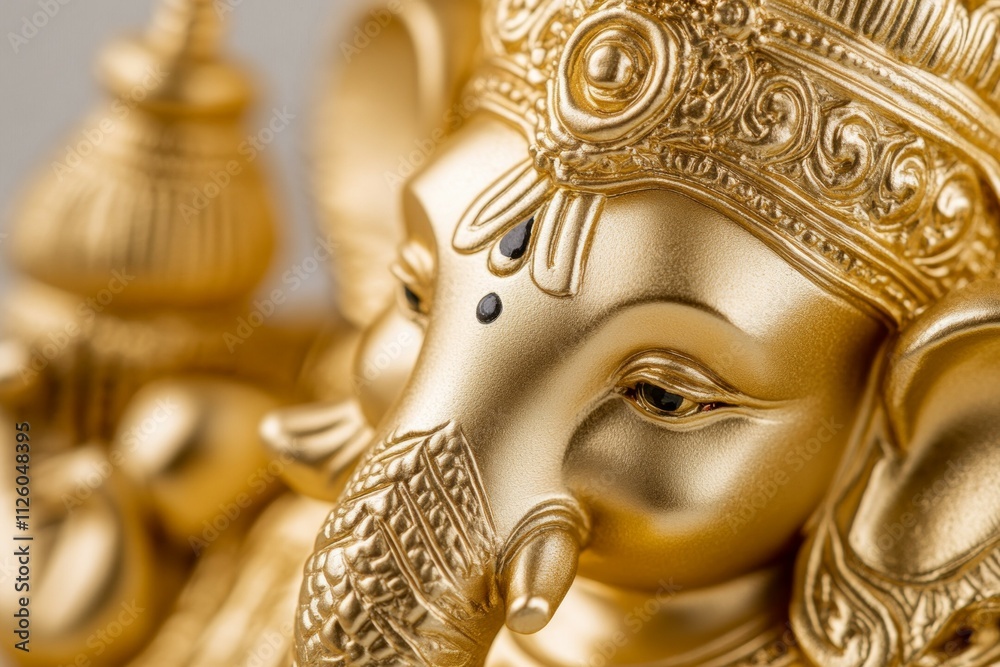 Fototapeta premium Intricate golden ganesha idol: close-up of hindu elephant deity statue
