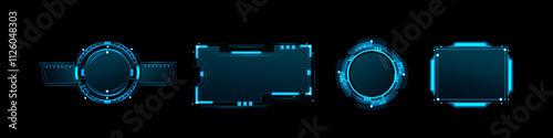Futuristic tech game ui frames with glowing neon blue line on black background. User interfaces gaming overlays or sci fi visual hud elements. Circular and rectangular borders with digital details.