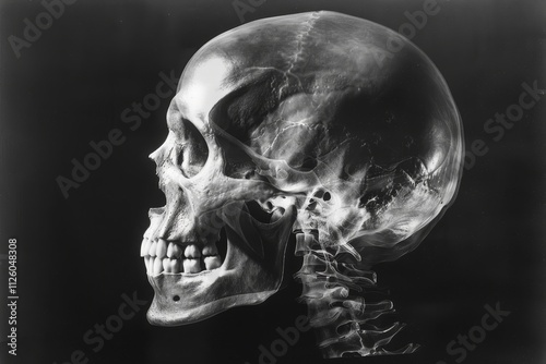 This vintage X-ray displays a human skull from the side, highlighting its intricate features and structure in a striking black and white format.
