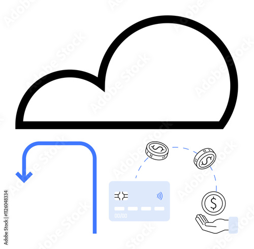 Cloud outline, curved arrow pointing down, credit card, currency coins, and a hand. Ideal for digital transactions, cloud services, e-commerce fintech online banking blockchain data storage. Line