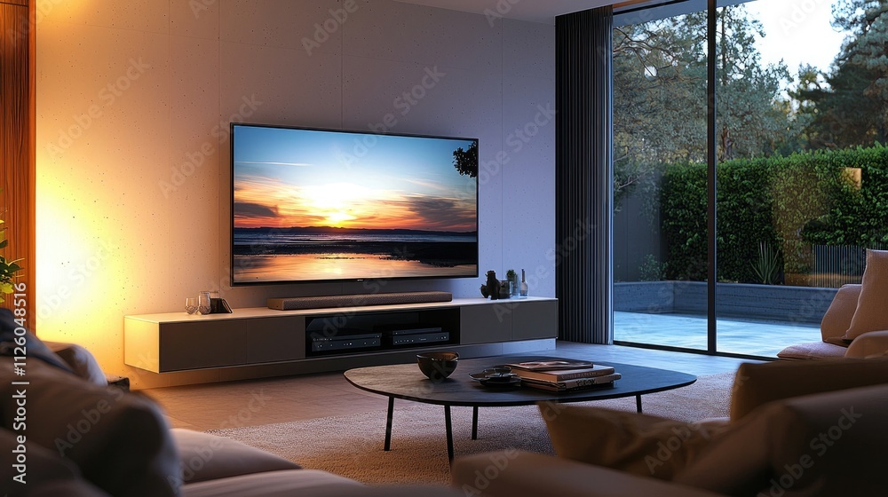 Fototapeta premium Modern Living Room with Large TV and Scenic View Through Glass Doors at Sunset