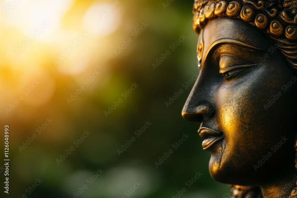 Serene buddha statue in warm sunlight with peaceful expression Serene buddha statue in warm sunlight with peaceful expression