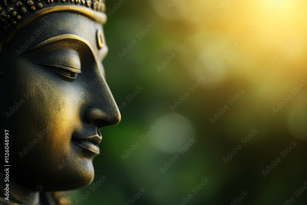 Serene buddha statue in golden sunlight with peaceful expression and green background