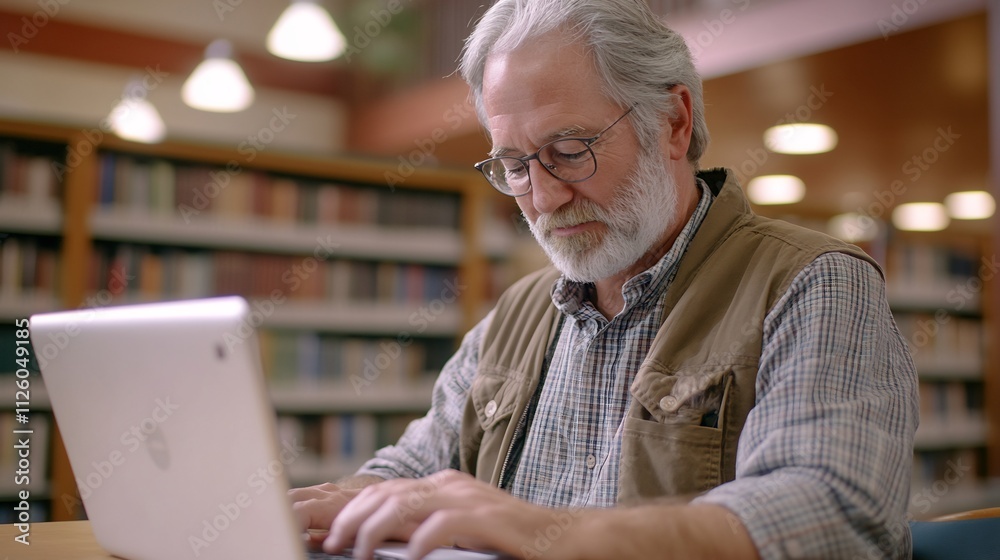 Experienced Senior Male Professor Using Laptop in Academic Library Experienced Senior Male Professor Using Laptop in Academic Library