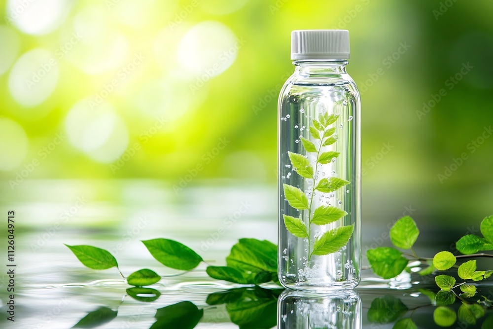 Refreshing Beverage in Eco Friendly Glass Bottle with Fresh Greenery