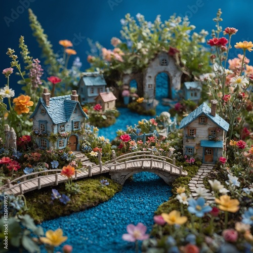 32. A fairy garden with miniature houses, tiny bridges, and delicate flowers in every color imaginable.. blue background   