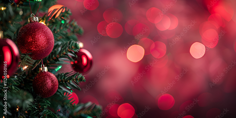 Beautifully Decorated Christmas Tree with Red Ornaments and Magical Bokeh Background Beautifully Decorated Christmas Tree with Red Ornaments and Magical Bokeh Background