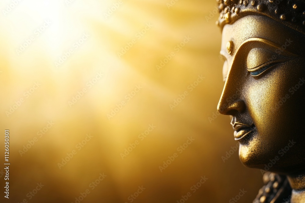 Tranquil golden buddha statue with radiant sunlight background Tranquil golden buddha statue with radiant sunlight background