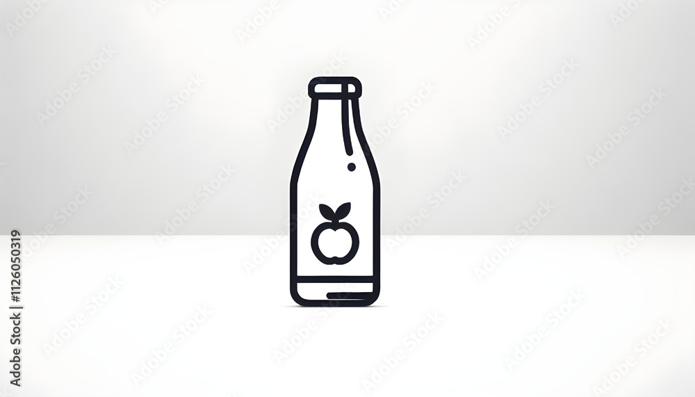 Simple Line Drawing of a Glass Bottle with Apple Label on White Surface Simple Line Drawing of a Glass Bottle with Apple Label on White Surface