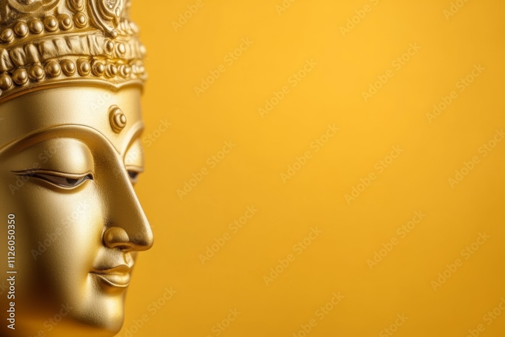 Golden buddha statue profile against vibrant yellow background Golden buddha statue profile against vibrant yellow background