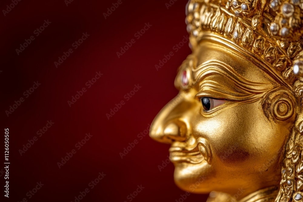 Intricate golden hanuman idol against deep red backdrop Intricate golden hanuman idol against deep red backdrop
