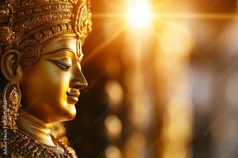 Golden hindu deity statue with radiant sunburst in background Golden hindu deity statue with radiant sunburst in background