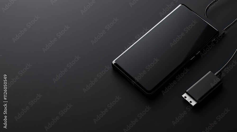 Black smartphone charging on dark surface. Black smartphone charging on dark surface.