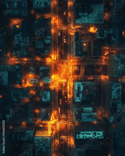 Noir Cityscape Aerial View of Dimly Lit Streets with Glowing Lights at Night