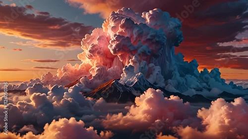 Motion animation of a furious volcanic mountain landscape view with large clouds above the mountain, vast blue cloudy sky illustration animated