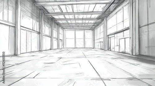 Architectural Sketch of a Large Empty Warehouse Interior