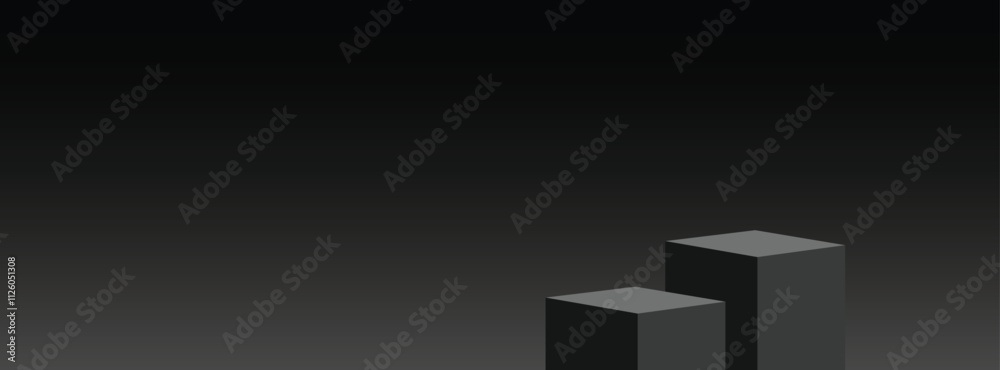 Dark podium with a cubic platform on a black backdrop, designed with an empty shelf for product showcasing. 3D visualization Dark podium with a cubic platform on a black backdrop, designed with an empty shelf for product showcasing. 3D visualization